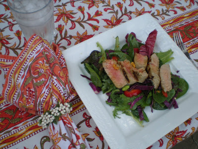 Grilled Tuna on Greens with Edamame Cilantro and Cabbage!