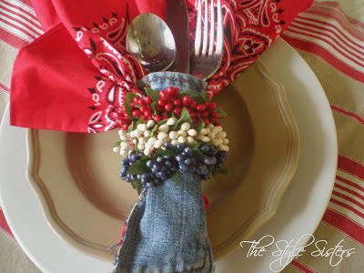 Denim Silverware holders, denim tablescape, red white and blue tablescape, Memorial Day Table decor, 4th of July table decor,  Red white and Blue