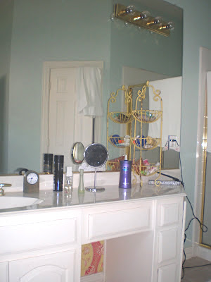 View off the bathroom before we spray painted the faucets, knobs and light fixtures of masterbathroom