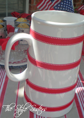 Add ribbon to White water pitcher, red white and blue tablescape, Memorial Day Table decor, 4th of July table decor,  Red white and Blue