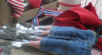 4th of July Tablescape! -Denim, Old Root Beer Bottles, Add ribbon to white pitcher