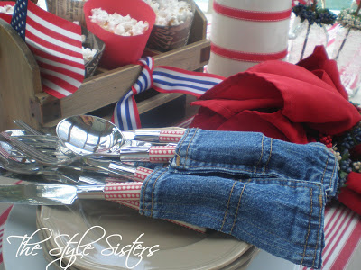 4th of July Tablescape! -Denim, Old Root Beer Bottles, Add ribbon to white pitcher
