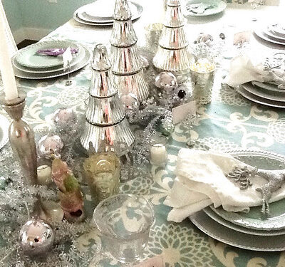 Sparkly Silver Blue and White Christmas Tablescape
