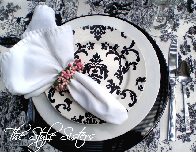 Black and White Toile Tablescape with a touch of pink