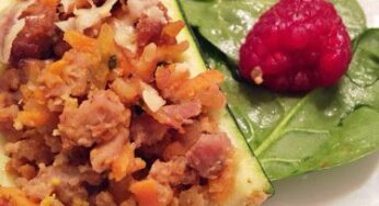 Stuffed Zucchini with ground turkey, mushrooms sweet potatoes
