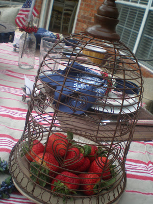 red white and blue tablescape, Memorial Day Table decor, Rusty Cloche, 4th of July table decor,  Red white and Blue