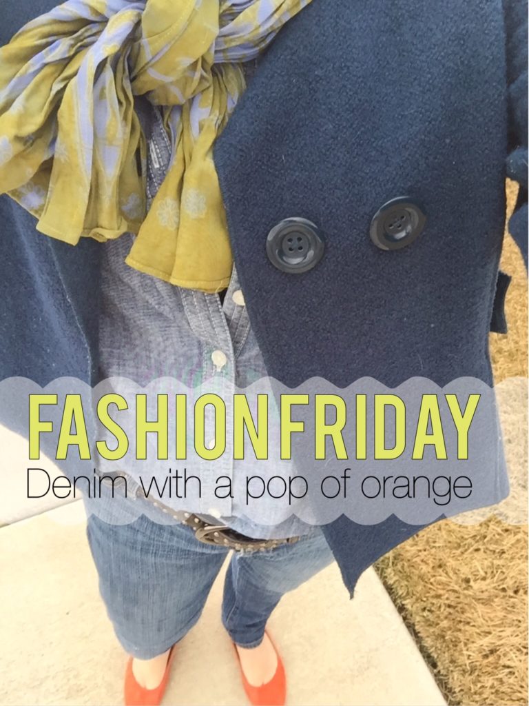 Fashion Friday- Navy jacket and a pop of Orange- Karins Kottage