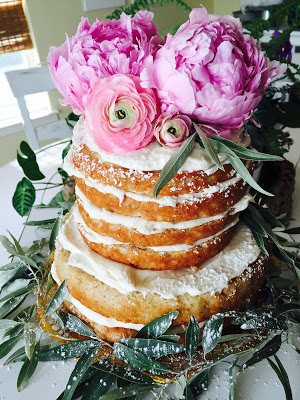 naked banana cake, unfrosted cake with flowers, bridal shower peach pink and navy