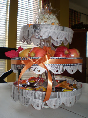 3 tier stacked cake plate for fall, fall decorations, Using newspaper