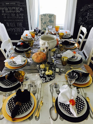 BlackFall tablescape, Thanksgiving tablescape, black and white polka dot plates
