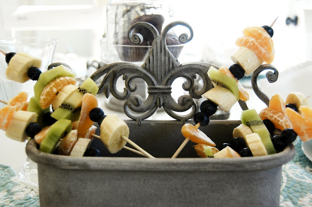 French entertaining,fruit kabobs, French tablescape, Light white and blue tablescape, The Style Sisters