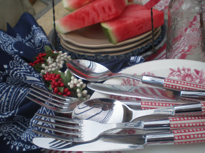 Pottery Barn silverware, Red white and blue tablescape