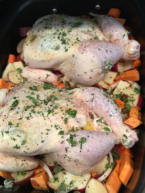 Roast two chickens with herb butter and root vegetables, fall dinner, Sunday Dinner- Karins Kottage