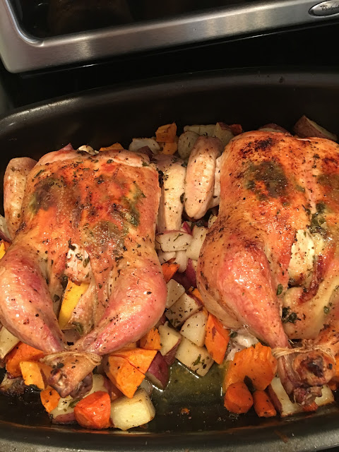 Roast two chickens with herb butter and vegetables, Sunday Dinner- 