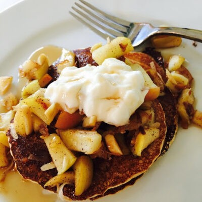 Kodiak Protein pancakes with sautèed apples, almonds and coconut