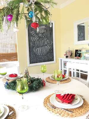 Winter wonderland tablescape, bright colors for Christmas, Lime Green and red for Christmas, Christmas breakfast,  The style sisters tablescape