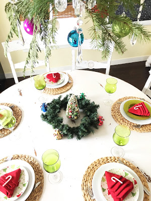 Winter wonderland tablescape, bright colors for Christmas, Lime Green and red for Christmas The style sisters tablescape