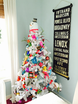 bright colored ornaments on  White Christmas tree- Karins Kottage