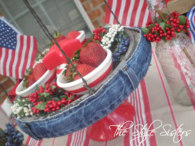 Red White and Blue tablescape- The Style Sisters, Denim Cake stand, 4th of July  Table decorations