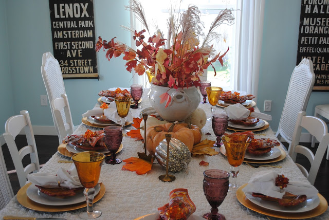 Thanksgiving fall tablescape, Fall tablescape, The Style Sisters, Peach colored pumpkins, Fall Cetnerpiece ideas