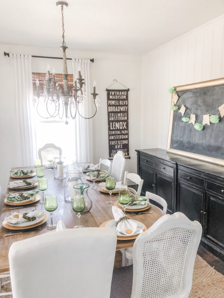 Green and gold tablescape for St Patrick's day. 