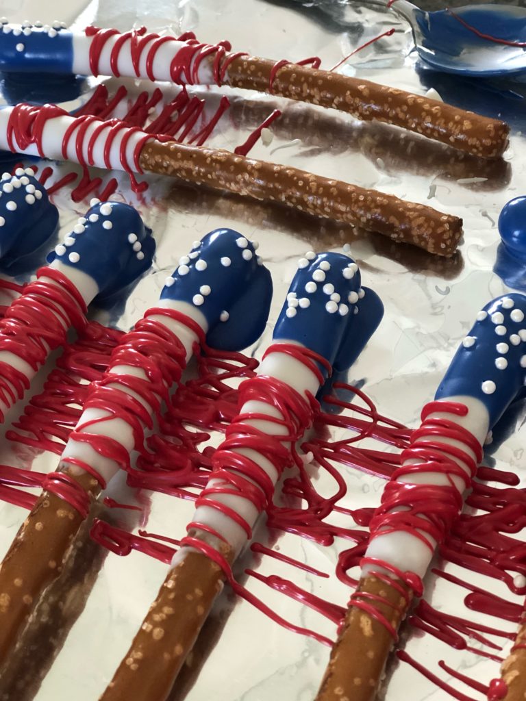Memorial Day BBQ Decorations Food Ideas Red white and blue pretzel rods. Memorial Day BBQ snacks