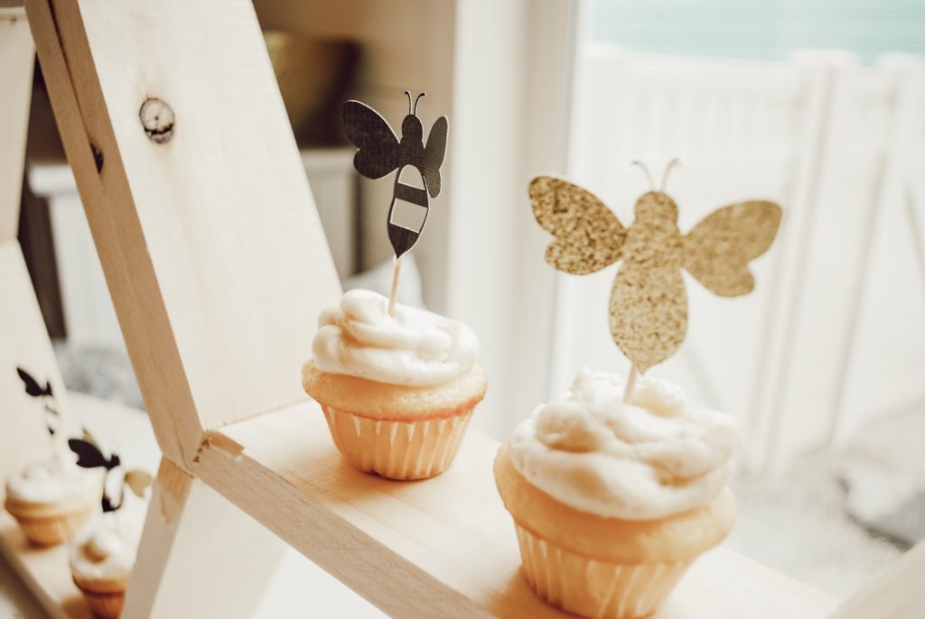 Honey bee birthday mini cupcakes with bee cupcake toppers