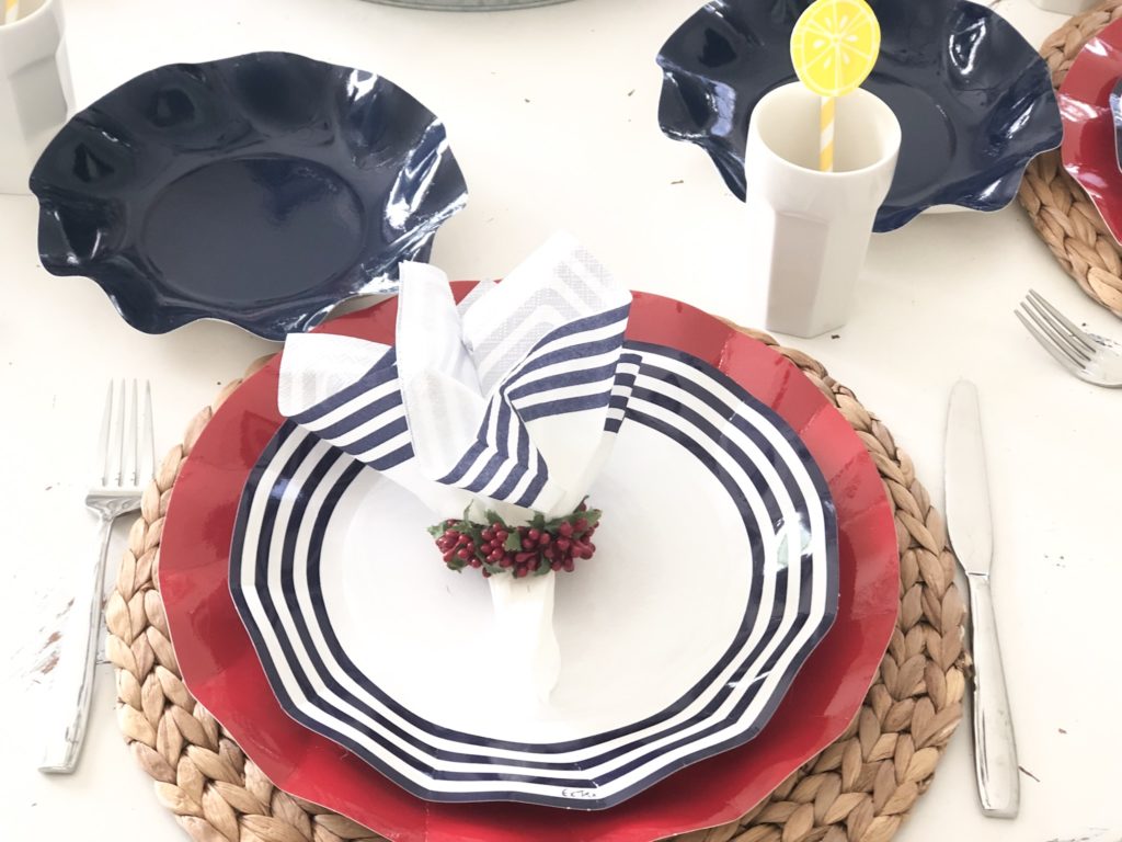 4th of July red white and blue ruffle paper plate place setting