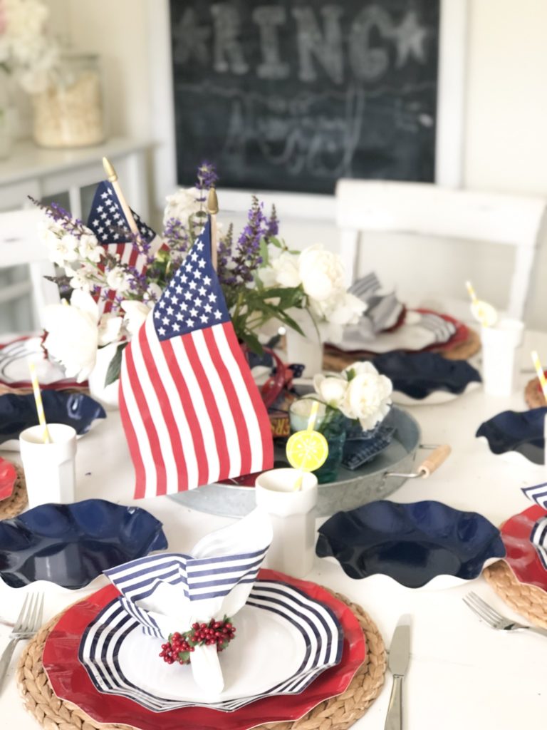 4th of July red white and blue tablescape. Patriotic red white and blue tablescape