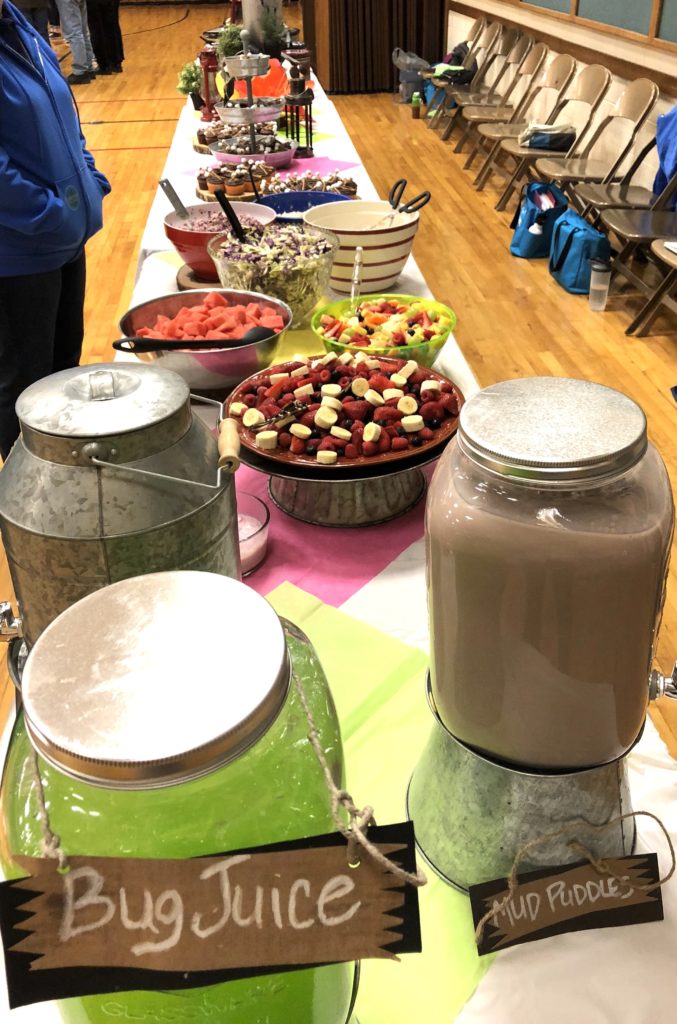 camp food buffet table filled with fruit  salads, smore cupcakes 