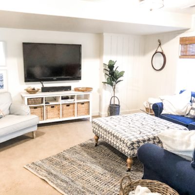 Navy and White Basement makeover with vertical shiplap