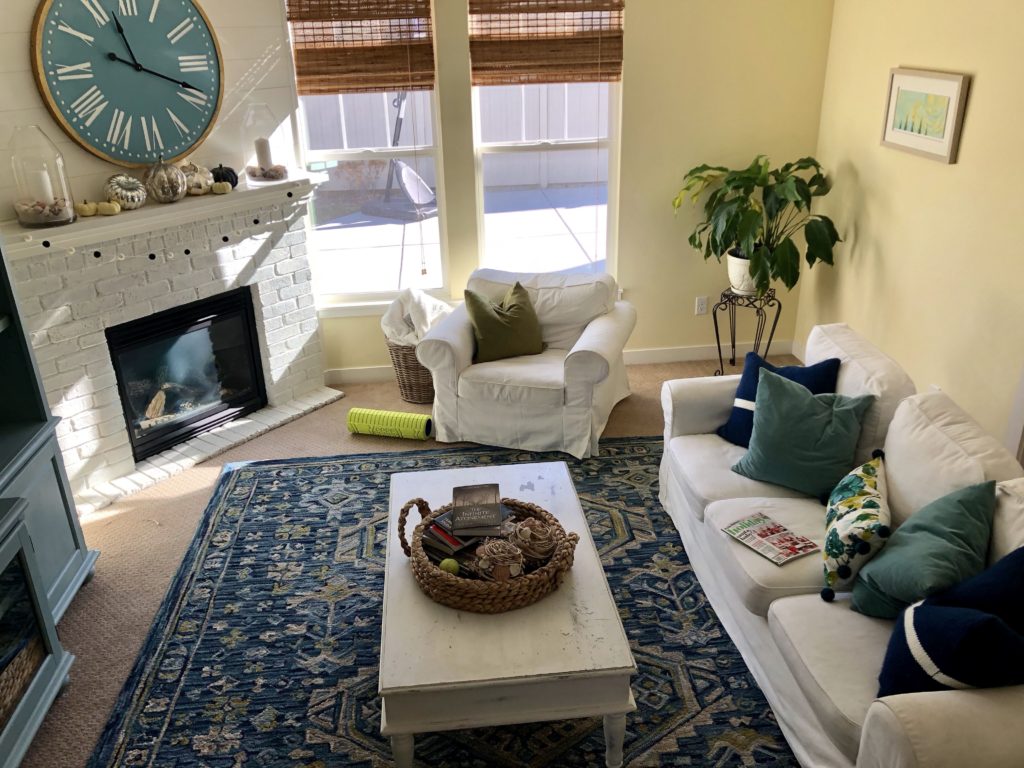 Family room with white sofa blue and green rug