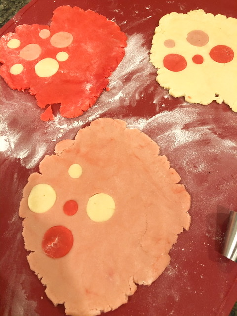 heart shaped valentine patchwork cookie dough. swapping out one color of dough for another