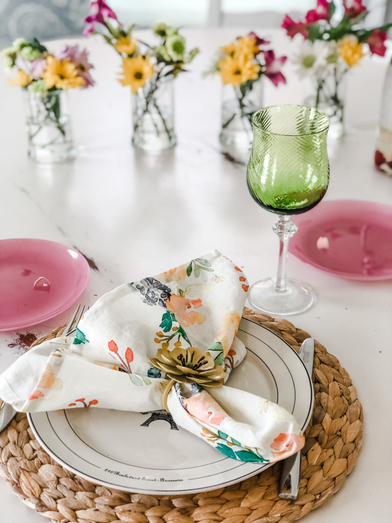 springy tablescape with grocery store flowers to serve leftovers