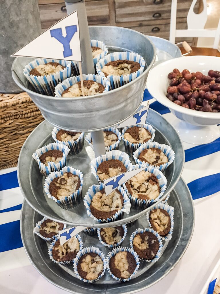 Brownie cookie cups in blue and white paper cups