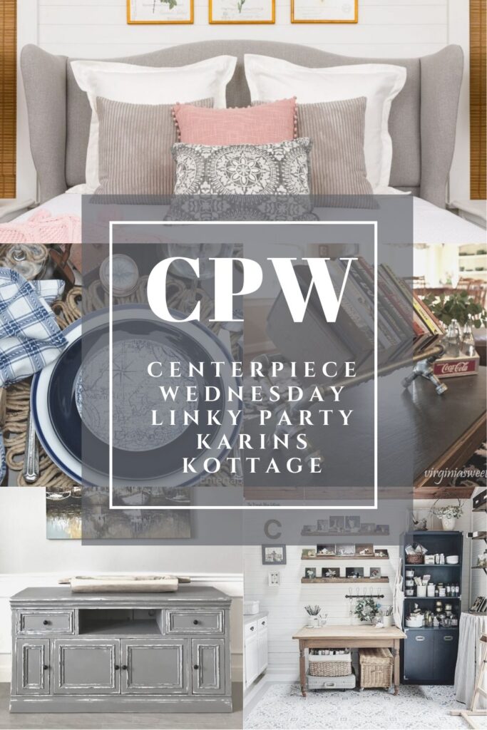 Centerpiece Wednesday Linky Party at Karins Kottage. Furniture makeover, craft room makeover, Chalk painted entertainment center and Wingback head board DIY