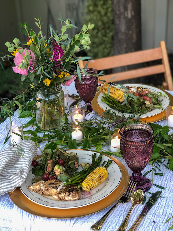 Romantic outdoor grilled dinner