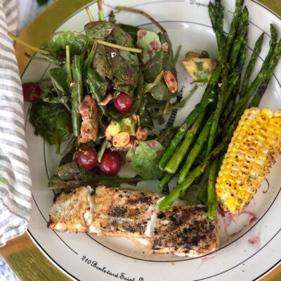 Grilled halibut, asparagus and corn on the cob