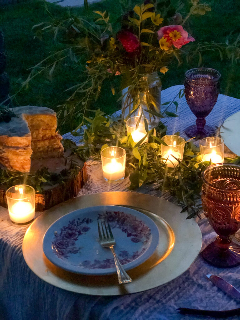 Romantic outdoor grilled dinner in the backyard