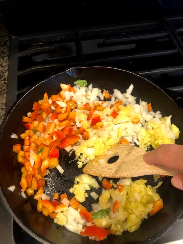 Sauteing vegetables for Zucchini turkey boats recipe