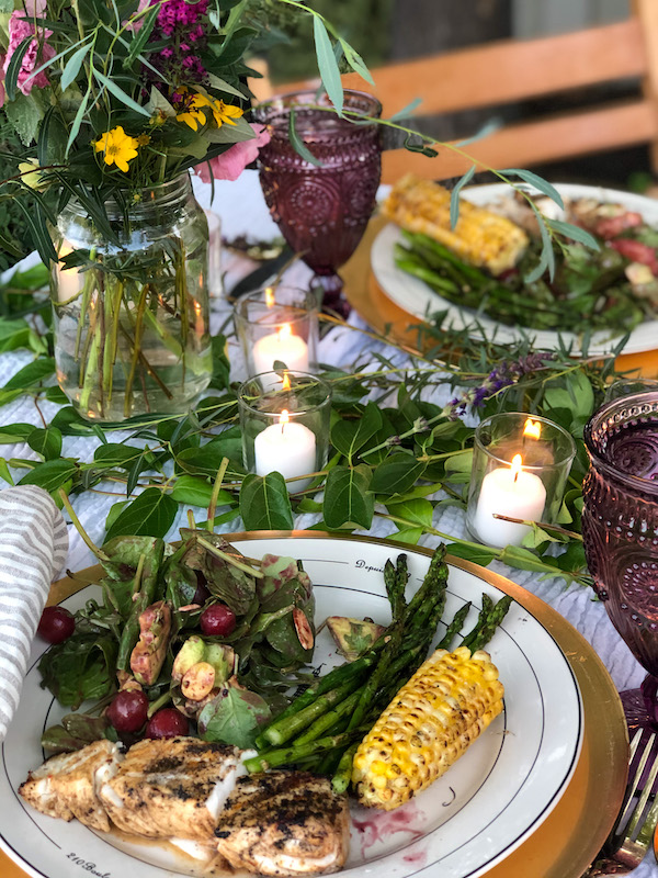 Grilled halibut, corn and asparagus with a green salad for our romantic outdoor grilled dinner