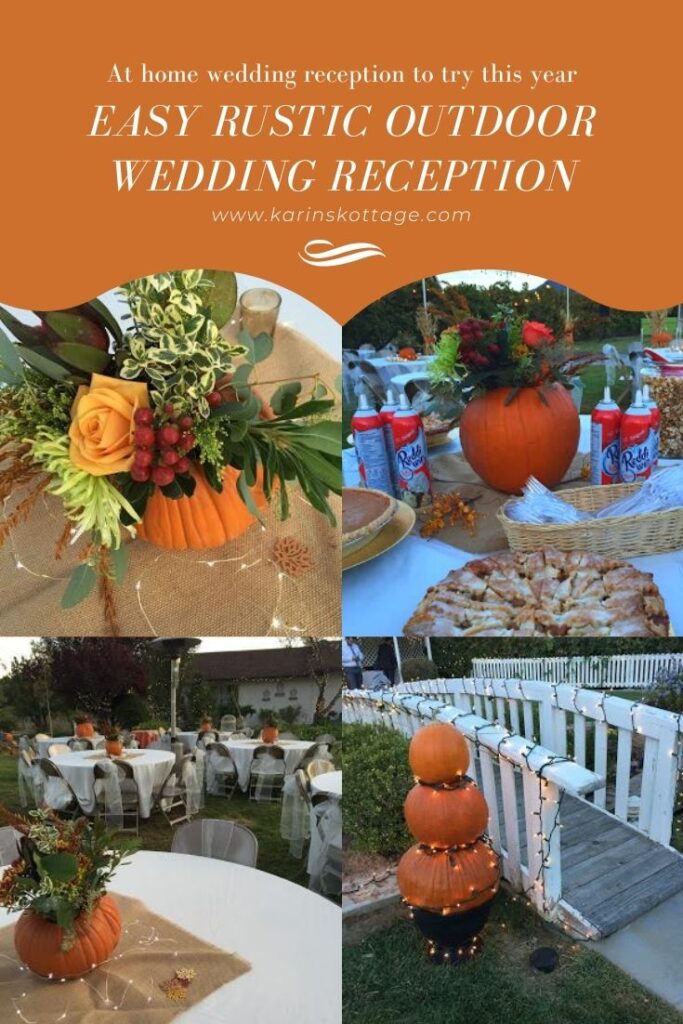Easy rustic outdoor fall wedding reception using pumpkins, corn stalks and Costco flowers! Create pretty lighting by using PVC Pipes and Christmas lights around a rented dance floor. Make an easy pumpkin topiary and string lights around it. Serve Soup and Pie easy peasy! 