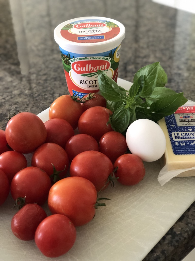 Tomato ricotta basil tart filling ingredients. Garden tomatoes, Ricotta cheese, fresh basil, Gruyère cheese, 1 egg