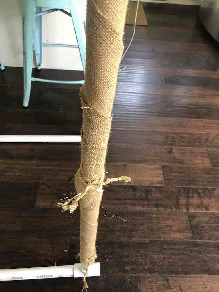 Wrapping PVC Pipes in burlap for DIY Tiki Bar
