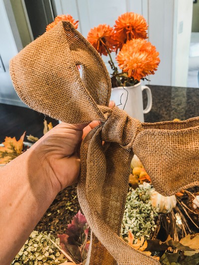 burlap wired bow for outdoor fall wreath