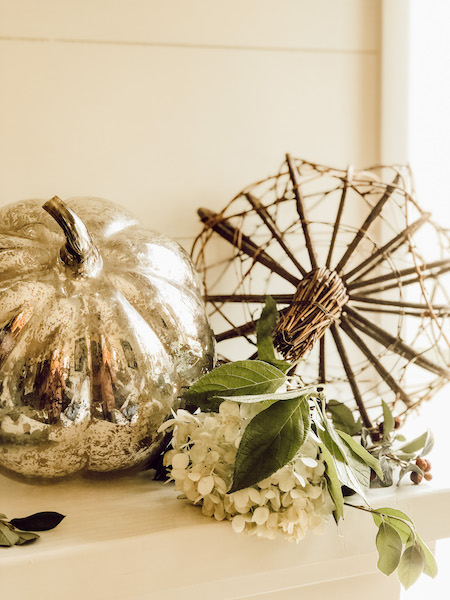 How to decorate fall mantle with silver pumpkins and grapevine wreath  pumpkins