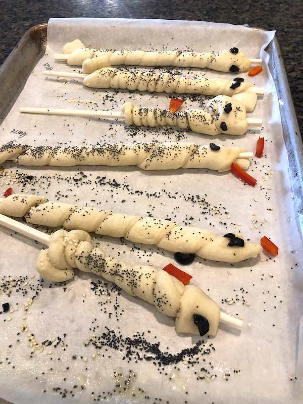 Bread stick snakes for Halloween