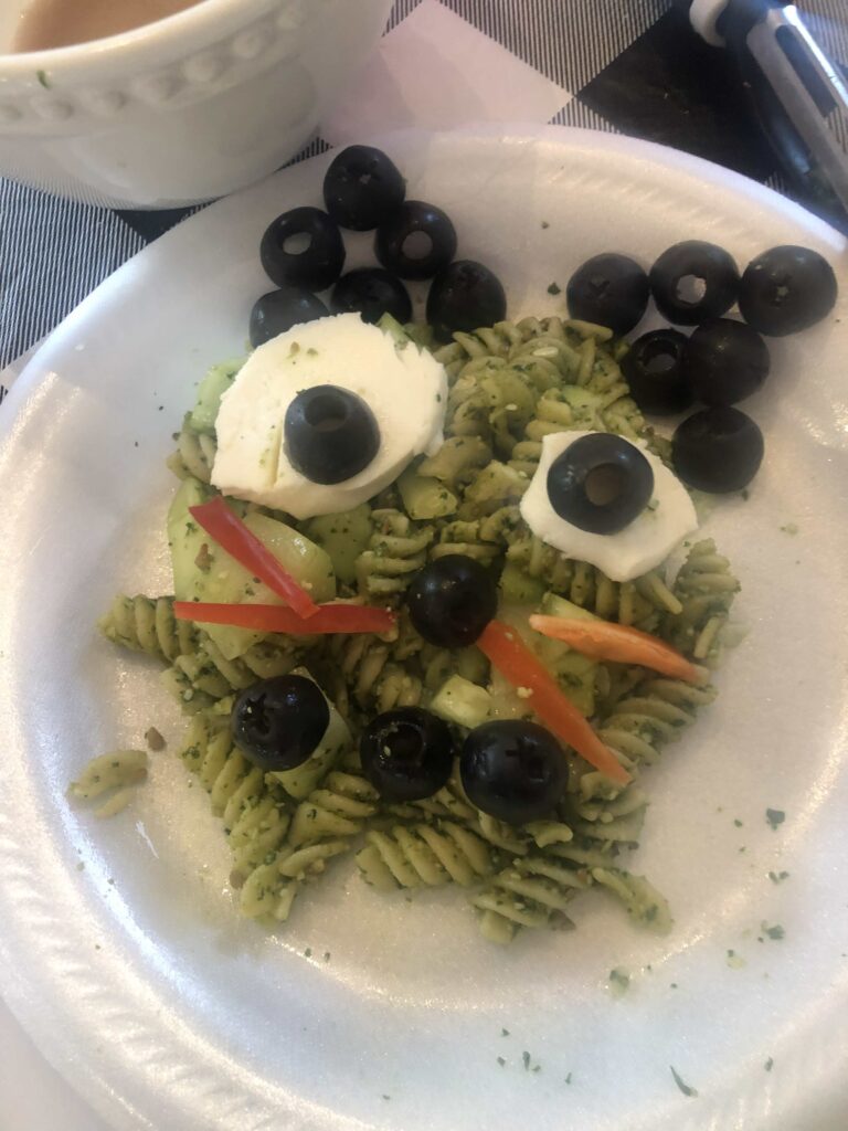 Frankenstein pesto pasta face