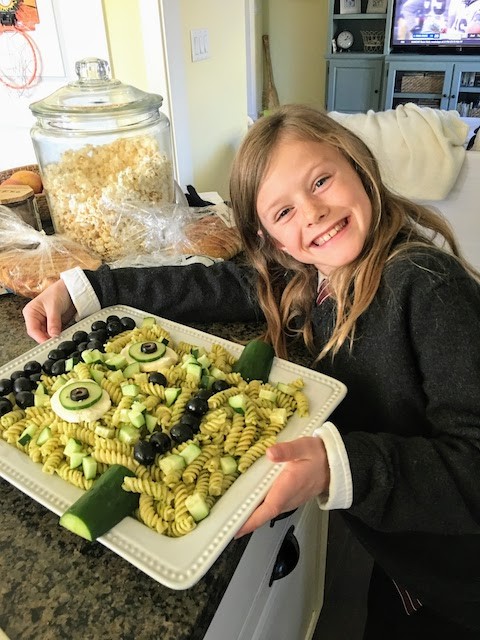 Halloween Frankenstein pesto pasta