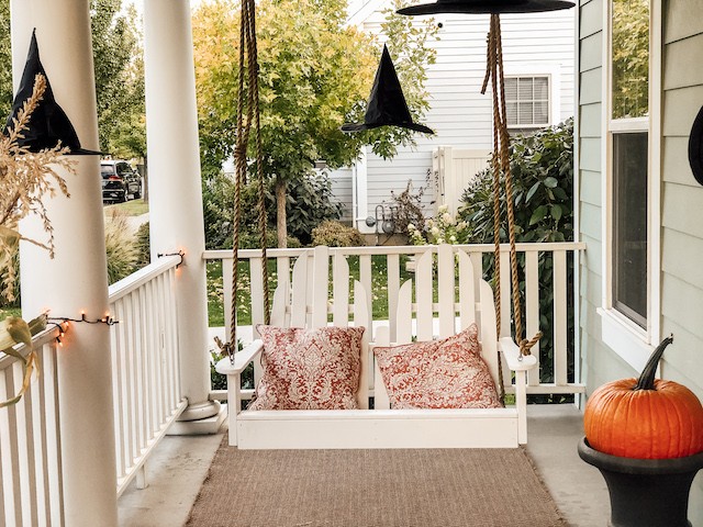 Fall front Porch with witch hats for Halloween 